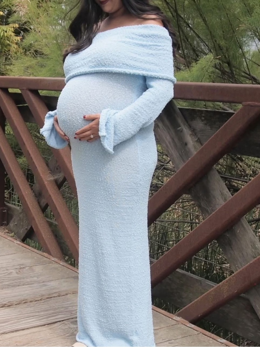 Maternity dress baby shower Light Blue Off-Shoulder Maxi Dress